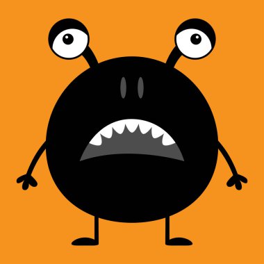 Sevimli siluet siyah canavar simgesi. Cadılar Bayramınız Kutlu Olsun. Çizgi film renkli korkunç komik karakter. Gözler, kulaklar, burun, açık ağız. Komik bebek koleksiyonu. Turuncu arka plan düz tasarım. Vektör çizim