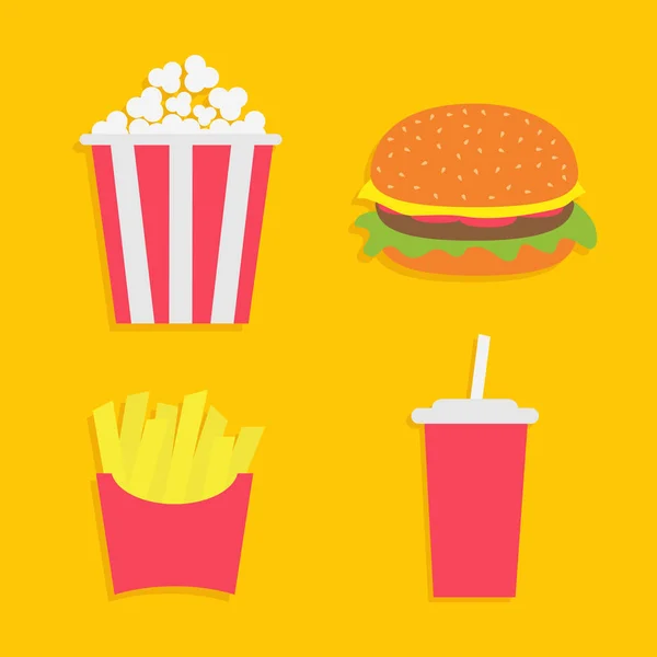 Franse Frietjes Aardappel Een Doos Papier Wrapper Popcorn Hamburger Frisdrank — Stockvector