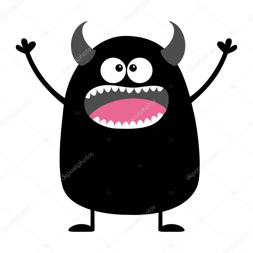 Cute black silhouette monster icon. Happy Halloween. Cartoon colorful scary funny character. Eyes, tongue, horns, holding hands up. Funny baby collection. White background. Flat design. Vector
