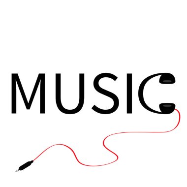 Kulaklık kulaklık simgesi. Word müzik. Kırmızı kordon. Siyah siluet. Düz tasarım stili. İzole. Beyaz arka plan. Vektör çizim