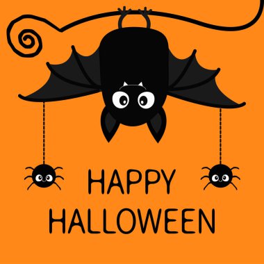 Cadılar Bayramınız Kutlu Olsun. Örümcekler böcek asılı yarasa. Sevimli çizgi bebek karakteriyle büyük açık kanat, kulaklar, bacaklar. Siyah siluet. Orman hayvan. Düz tasarım. Turuncu arka plan. Tebrik kartı. Vektör