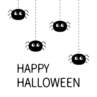 Cadılar Bayramınız Kutlu Olsun. Örümcek küme. Dört çizgi çizgi web üzerindeki siyah örümcekler asılı. Sevimli çizgi bebek karakter kümesi. Düz malzeme tasarım. Beyaz arka plan. İzole. Vektör çizim