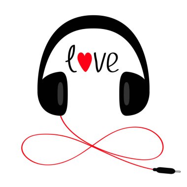 Kulaklık kablosu ile kablo ve aşk kelime. Kırmızı kalp. Sonsuzluk sembolü sonsuz işareti. Siyah siluet. Tebrik kartı. Düz tasarım. Beyaz arka plan. İzole. Vektör çizim.