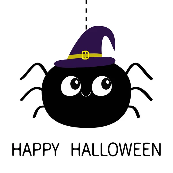 Feliz Halloween Silueta Araña Negra Colgando Tela Línea Guiones Sombrero — Vector de stock