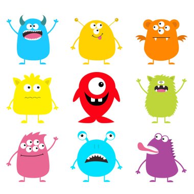 Cadılar Bayramınız Kutlu Olsun. Sevimli canavar Icon set. Çizgi film renkli korkunç komik karakter. Gözler, dil, eller yukarı. Komik bebek koleksiyonu. Beyaz arka plan. Düz tasarım. Vektör çizim