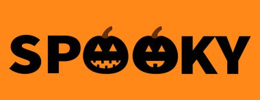 Üzgün siyah kabak siluet gülümseyen kelime ürkütücü metin. Cadılar Bayramınız Kutlu Olsun. Afiş kümesi yazı. Tebrik kartı. Düz tasarım. Turuncu arka plan. Vektör çizim