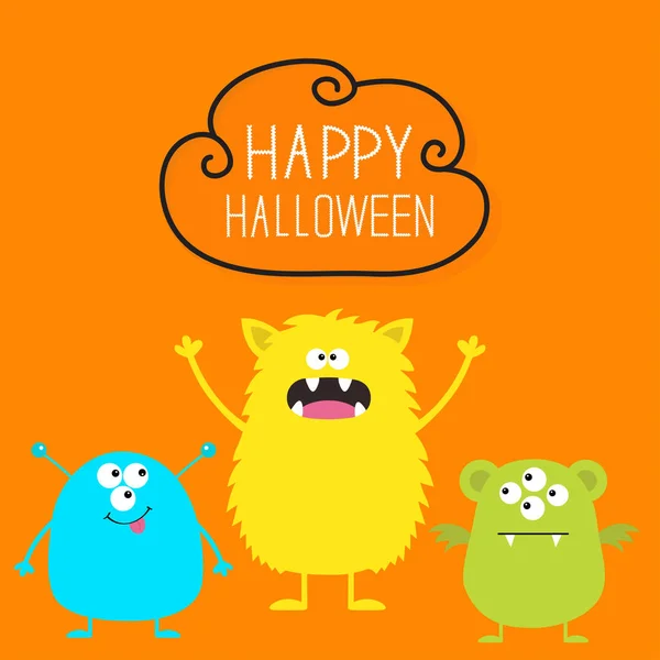 Glad Halloween Tre Färgglada Monster Set Huvud Ansikte Söta Tecknade — Stock vektor