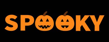 Üzgün kabak siluet gülümseyen kelime ürkütücü metin. Cadılar Bayramınız Kutlu Olsun. Afiş kümesi yazı. Tebrik kartı. Düz tasarım. Siyah arka plan. Vektör çizim