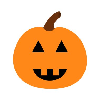 Balkabağı. Cadılar Bayramınız Kutlu Olsun. Komik ürpertici güler yüz. Sevimli çizgi bebek karakter. Tebrik kartı. Beyaz arka plan. İzole. Düz tasarım. Vektör çizim