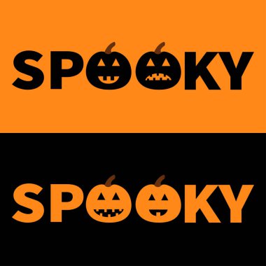 Kelime ürkütücü metin üzgün siyah kabak siluet gülümseyen ile ayarla. Cadılar Bayramınız Kutlu Olsun. Afiş kümesi yazı. Tebrik kartı. Düz tasarım. Turuncu arka plan. Vektör çizim