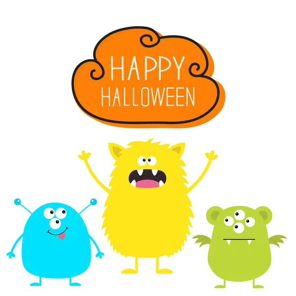 Happy Halloween Three Colorful Monster Set Head Face Cute Cartoon — Stock Vector