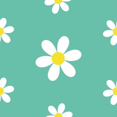 Dikişsiz desen Daisy beyaz papatya simgesi. Sevimli çiçek bitki koleksiyonu. Büyüyen kavramı. Ambalaj Kağıt Tekstil şablonu. Yeşil arka plan. Vektör çizim