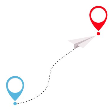 Uçan origami kağıt uçak ve geolocation kümesi işaretleyin. Çizgi çizgi parça. Yer işareti şablon. Turistik hizmet. Tatil ve tatil. On-line izleme. Düz tasarım. Beyaz arka plan göl kenarında. Vektör