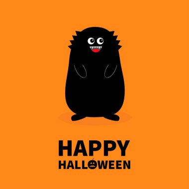 Cadılar Bayramınız Kutlu Olsun. Canavar siyah siluet. Fang diş. Açık ağız. İki göz, diş, eller dil. Komik Cute Karikatür Bebek karakter. Düz tasarım. Turuncu arka plana göl kenarında. Vektör çizim