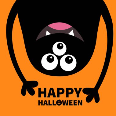 Mutlu Cadılar Bayramı kartı. Gülümseyen canavar baş siluet. Thtee gözleri, dişler, dil, eller. Baş aşağı asılı. Siyah komik sevimli çizgi film karakteri. Bebek koleksiyonu. Turuncu arka plan düz tasarım. Vektör