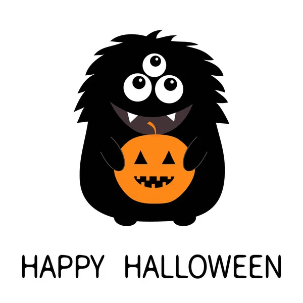 Happy Halloween Kort Svart Monster Siluett Innehav Pumpa Söta Tecknade — Stock vektor