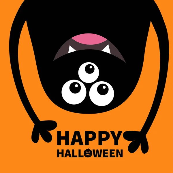 Happy Halloween Kaart Lachende Monster Hoofd Silhouet Thtee Ogen Tanden — Stockvector