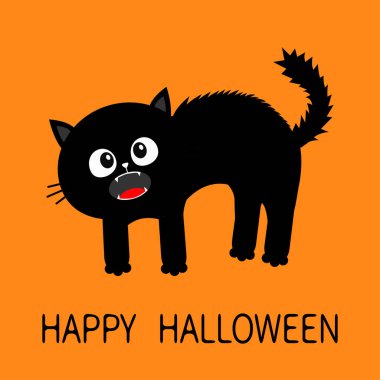 Cadılar Bayramınız Kutlu Olsun. Yavru kedi çığlık. Korkmuş kedi kemer geri. Saç kürk ucunda duruyor. Gözler, dişleri, bıyıkları bıyık. Şirin komik çizgi film karakteri. Yalıtılmış turuncu arka plan. Düz tasarım. Vektör
