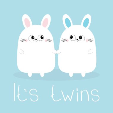 Onun ikiz. Kız erkek. İki sevimli ikiz bunny tavşan tutuşup ayarlayın. Tavşan kaç aile simgesini gidin. Sevimli çizgi karakter komik gülümseyen ayarlayın. Mavi arka plan. İzole. Düz tasarım vektör çizim