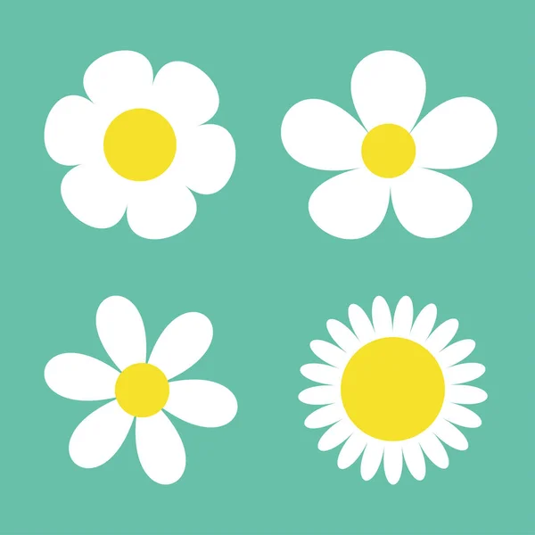 カモミールを設定します つの白いデイジー カモミール アイコン かわいい丸い花植物のコレクションです 愛カードのシンボル 成長する概念 フラットなデザイン 緑の背景 分離されました — ストックベクタ