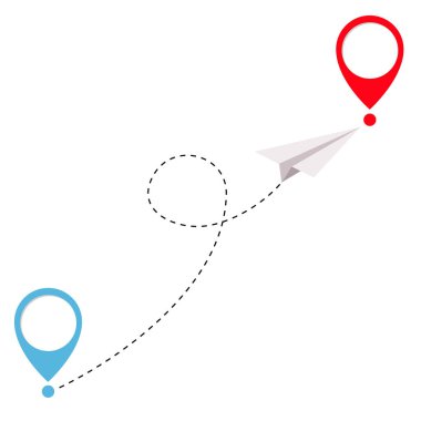 Uçan origami kağıt uçak ve geolocation kümesi işaretleyin. Çizgi çizgi döngü parça. Yer işareti şablon. Turistik hizmet. Tatil ve tatil. On-line izleme. Düz tasarım. Beyaz arka plan. Vektör