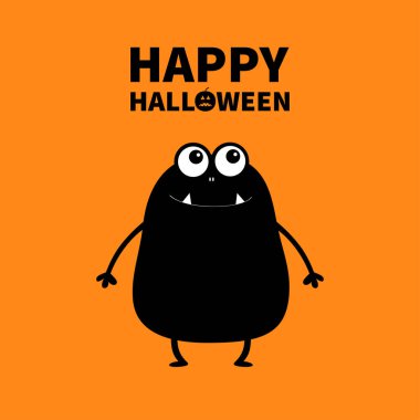 Cadılar Bayramınız Kutlu Olsun. Canavar siyah siluet yukarıya bakıyor. Duvar gölge gölge. İki göz, diş fang, ürkütücü eller yukarı. Komik Cute Karikatür Bebek karakter. Düz tasarım. Turuncu arka plan. Vektör çizim