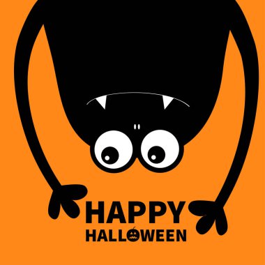 Mutlu Cadılar Bayramı kartı. Canavar baş siluet. İki göz, diş, diş, eller. Baş aşağı asılı. Siyah komik sevimli çizgi film karakteri. Bebek koleksiyonu. Düz tasarım. Turuncu vektör arka plan