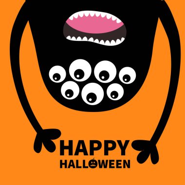 Mutlu Cadılar Bayramı kartı. Canavar baş siluet çığlık. Birçok gözler, dişler, dil, eller. Baş aşağı asılı. Siyah komik sevimli çizgi film karakteri. Bebek koleksiyonu düz tasarım. Turuncu vektör arka plan