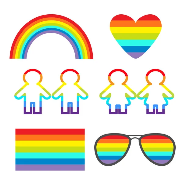 彩虹气体 太阳镜 女孩男孩象形图图标设置 同性婚姻 Lgbt 骄傲标志符号 平面设计 白色背景 向量例证 — 图库矢量图片