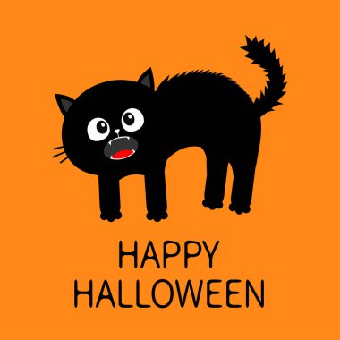 Cadılar Bayramınız Kutlu Olsun. Korkmuş kedi kemer geri. Yavru kedi çığlık. Saç kürk ucunda duruyor. Gözler, dişleri, bıyıkları bıyık. Şirin komik çizgi film karakteri. Yalıtılmış turuncu arka plan. Düz tasarım. Vektör