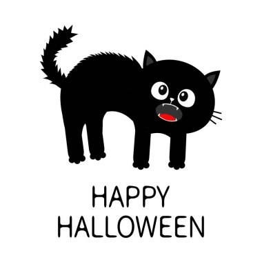 Cadılar Bayramınız Kutlu Olsun. Yavru kedi çığlık. Korkmuş kedi kemer geri. Saç kürk ucunda duruyor. Gözler, dişleri, bıyıkları bıyık. Şirin komik çizgi film karakteri. İzole beyaz arka plan. Düz tasarım. Vektör