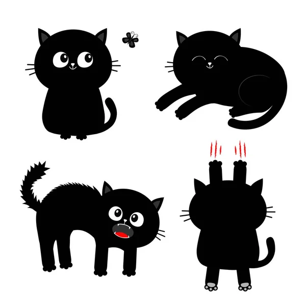 Katzensatz Nagelkralle Kratzen Sitzen Schreien Schlafen Schmetterling Anschauen Schwarze Kätzchen — Stockvektor