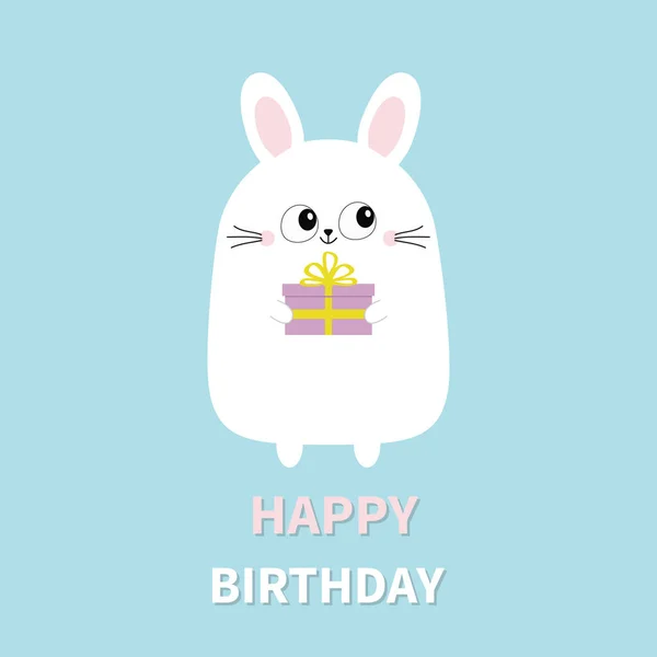 Happy Birthday White Bunny Rabbit Holding Gift Box Funny Head — Stock Vector