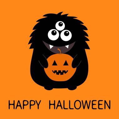 Mutlu Cadılar Bayramı kartı. Siyah canavar siluet holding balkabağı. Sevimli çizgi korkunç komik karakter. Bebek koleksiyonu. Üç gözlü, fang diş, büyük dil, eller. Turuncu arka plan. Düz tasarım vektör