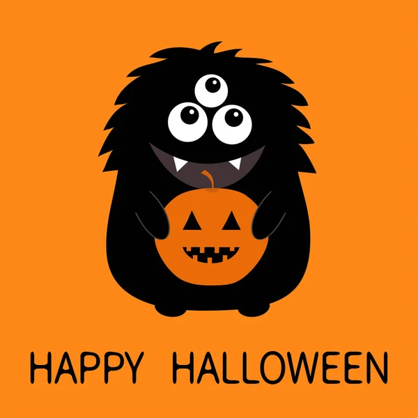 Feliz Tarjeta Halloween Silueta Monstruo Negro Sosteniendo Calabaza Lindo Personaje — Vector de stock