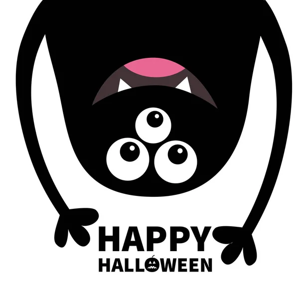 Happy Halloween Card Smiling Monster Head Silhouette Thtee Eyes Teeth — Stock Vector