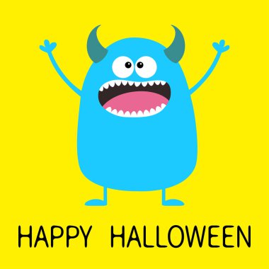 Cadılar Bayramınız Kutlu Olsun. Şirin mavi canavar simgesi. Çizgi film renkli korkunç komik karakter. Gözler, dil, boynuzları, el ele tutuşarak. Komik bebek koleksiyonu sarı arka plan izole düz tasarlamak vektör çizim