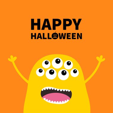 Cadılar Bayramınız Kutlu Olsun. Canavar korkunç çığlık yüz baş simgesi. Gözler, fang diş, dil, eller yukarı. Sevimli çizgi boo ürkütücü karakteri sarı siluet. Kawaii komik bebek düz tasarım turuncu vektör arka plan