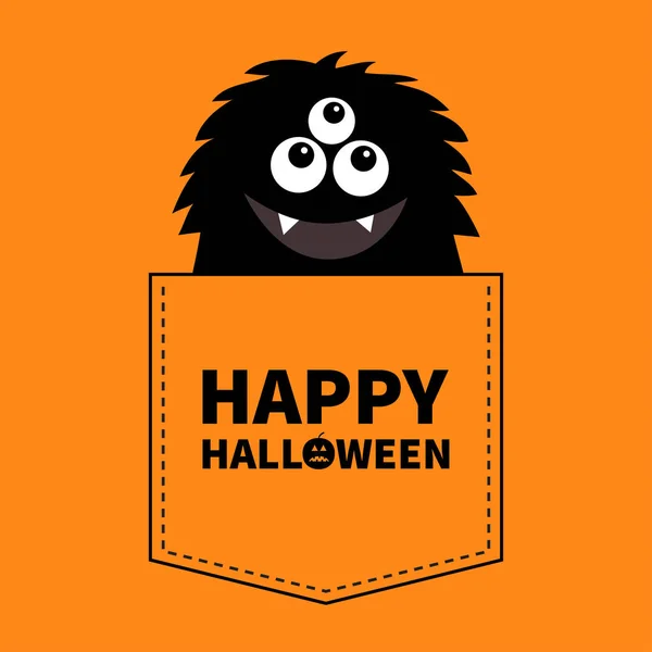 Happy Halloween Fluffy Black Monster Silhouette Pocket Hands Cute Cartoon — 图库矢量图片