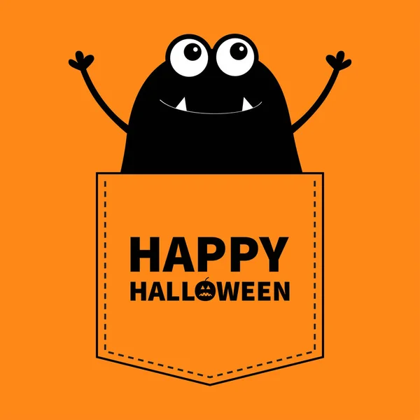 Happy Halloween Black Monster Silhouette Pocket Hands Cute Cartoon Scary — Stock Vector