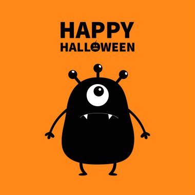 Cadılar Bayramınız Kutlu Olsun. Siyah canavar siluet. Sevimli çizgi korkunç komik karakter. Bebek koleksiyonu. Bir büyük göz, diş diş, eller. Beyaz arka plan. İzole. Düz tasarım. Vektör çizim