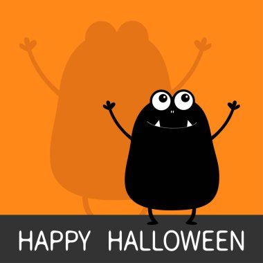 Cadılar Bayramınız Kutlu Olsun. Canavar siyah siluet yukarıya bakıyor. Duvar gölge gölge. İki göz, diş fang, ürkütücü eller yukarı. Komik Cute Karikatür Bebek karakter. Düz tasarım. Turuncu arka plan. Vektör çizim