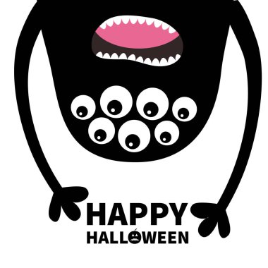 Mutlu Cadılar Bayramı kartı. Canavar baş siluet çığlık. Birçok gözler, dişler, dil, eller. Baş aşağı asılı. Siyah komik sevimli çizgi film karakteri. Bebek koleksiyonu düz tasarım. Beyaz arka plan vektör