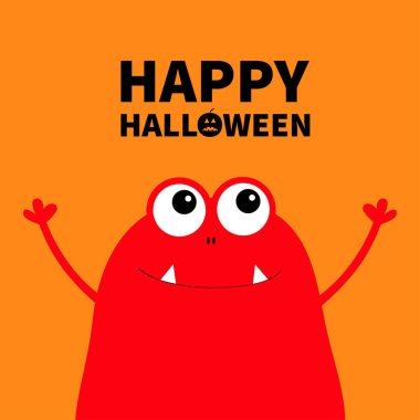 Cadılar Bayramınız Kutlu Olsun. Canavar korkutucu yüz baş simgesi. Gözler, kulaklar, fang diş. Eller yukarı. Sevimli çizgi ürkütücü karakteri boo. Kırmızı siluet. Kawaii komik bebek düz tasarım. Turuncu arka plana vektör çizim