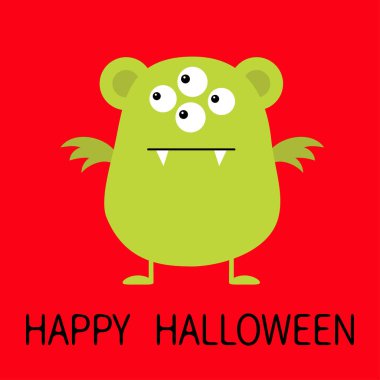 Cadılar Bayramınız Kutlu Olsun. Sevimli yeşil canavar simgesi. Çizgi film renkli korkunç komik karakter. Gözler, kulaklar, kanatları. Komik bebek koleksiyonu. Kırmızı arka plan göl kenarında. Düz tasarım. Vektör çizim