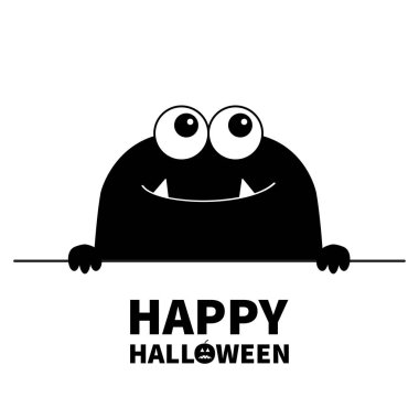 Cadılar Bayramınız Kutlu Olsun. Canavar korkutucu yüz baş simgesi. Tablo satır tutan el pençe. Gözler, fang diş. Sevimli çizgi boo ürkütücü karakteri siyah siluet. Kawaii komik bebek düz tasarım beyaz arka plan vektör