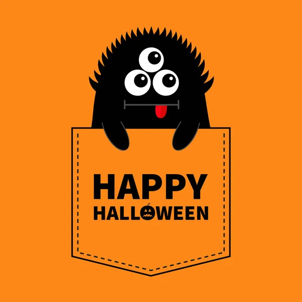 Happy Halloween Black Monster Silhouette Pocket Holding Hands Cute Cartoon — Stock Vector