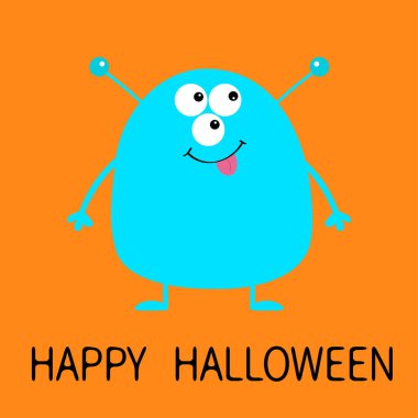 Cadılar Bayramınız Kutlu Olsun. Şirin mavi canavar simgesi. Çizgi film renkli korkunç komik karakter. Gözler, kulaklar anten, ağız, dil. Komik bebek koleksiyonu. Turuncu arka plana göl kenarında. Düz tasarım. Vektör çizim