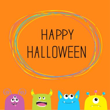 Cadılar Bayramınız Kutlu Olsun. Renkli canavar siluet baş yüz ayarlayın. Sevimli çizgi film korkunç karakteri. Bebek koleksiyonu. Gözler, dil, boynuzları. Çerçeve karalamak. Turuncu arka plana göl kenarında. Düz tasarım. Vektör