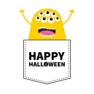 Cadılar Bayramınız Kutlu Olsun. Sarı çığlık canavar siluet cebinde. Eller yukarı. Sevimli çizgi korkunç komik karakter. Bebek koleksiyonu. T-shirt tasarım. Gözler, fang diş. Beyaz arka plan düz tasarlamak vektör